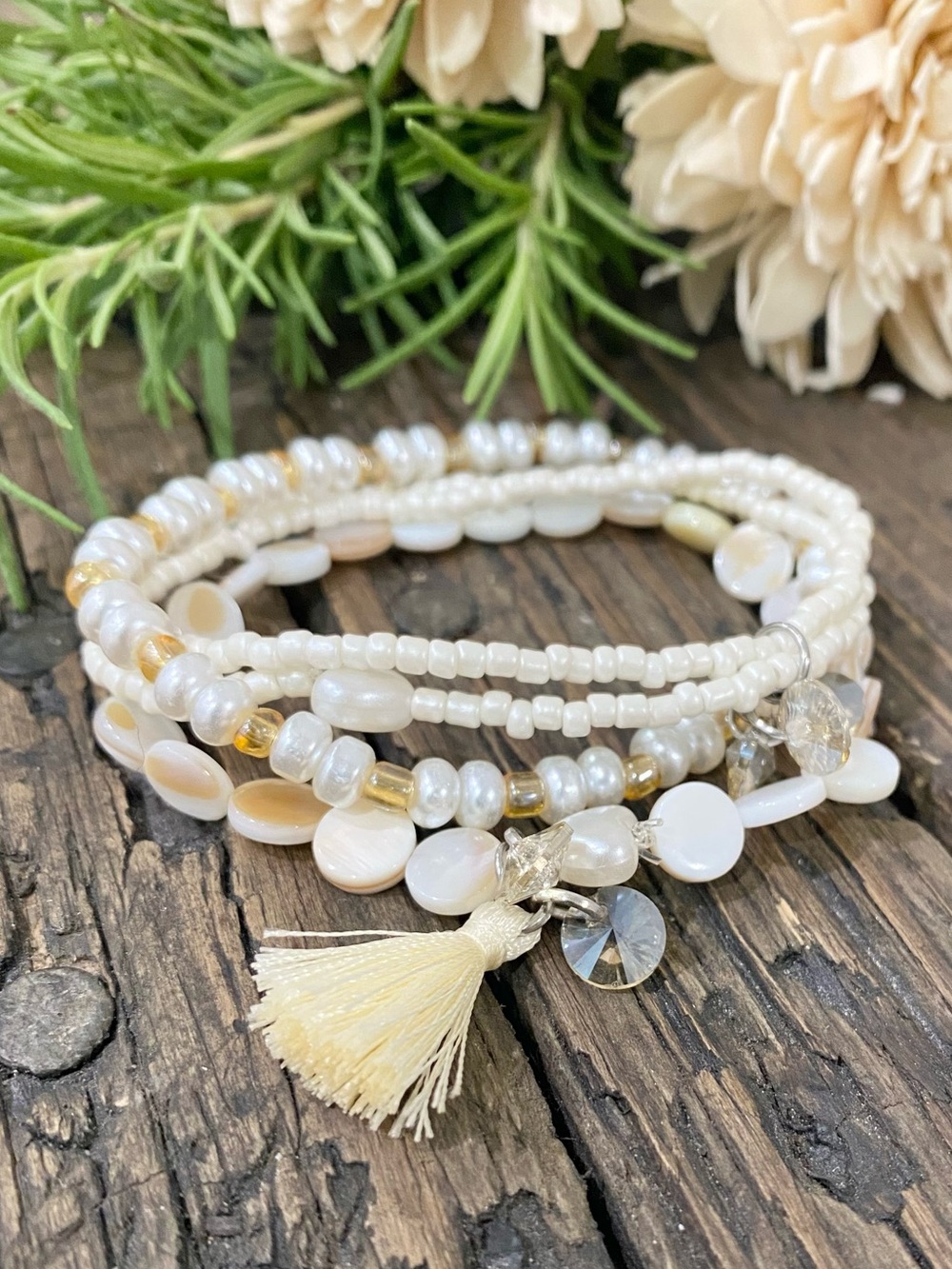 3 Piece Pearl White and Gold Stretch Bracelet Set